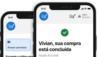 Mockup de dois celulares exibindo parcialmente as telas de seleção de meio de pagamento e compra realizada com sucesso no checkout da Lia