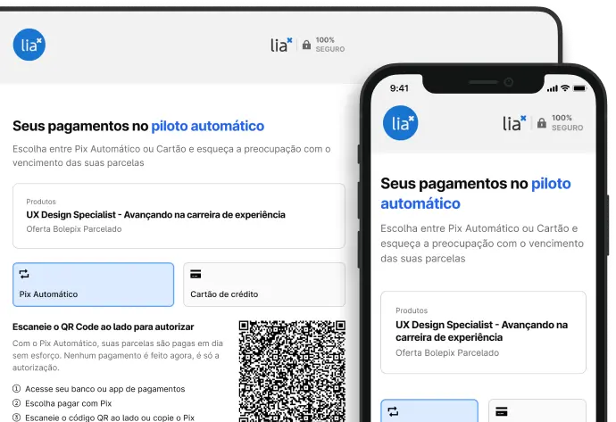 Mockups de notebook e celular exibindo a página de seleção de meio de pagamento do checkout Lia