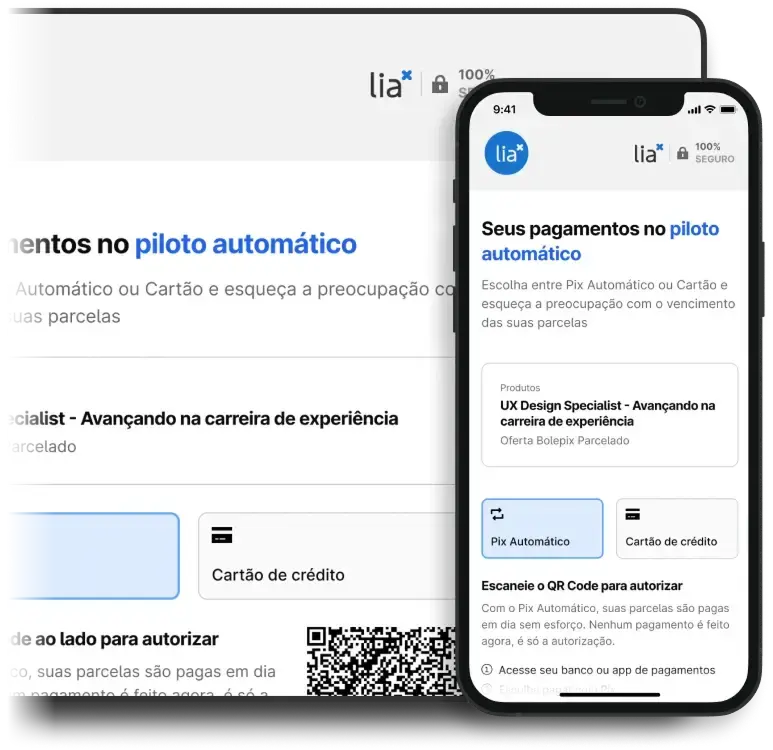 Mockups de notebook e celular exibindo a página de seleção de meio de pagamento do checkout Lia