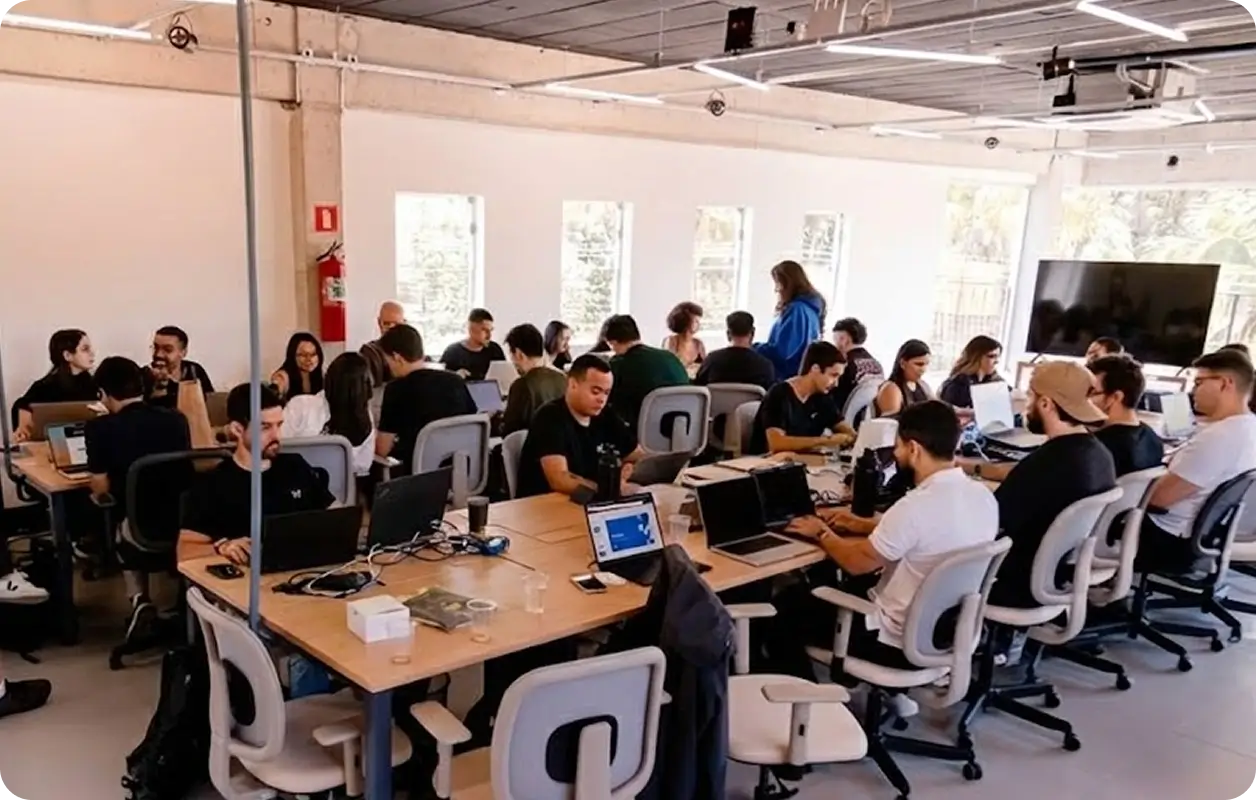 Time da Lia reunido no escritório em São José dos Campos