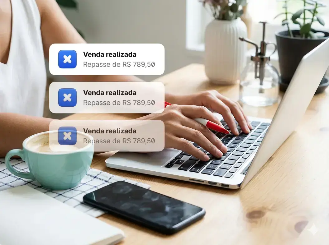 Imagem de uma pessoa utilizando seu notebook e recebendo notificações de novas vendas realizadas com o checkout Lia