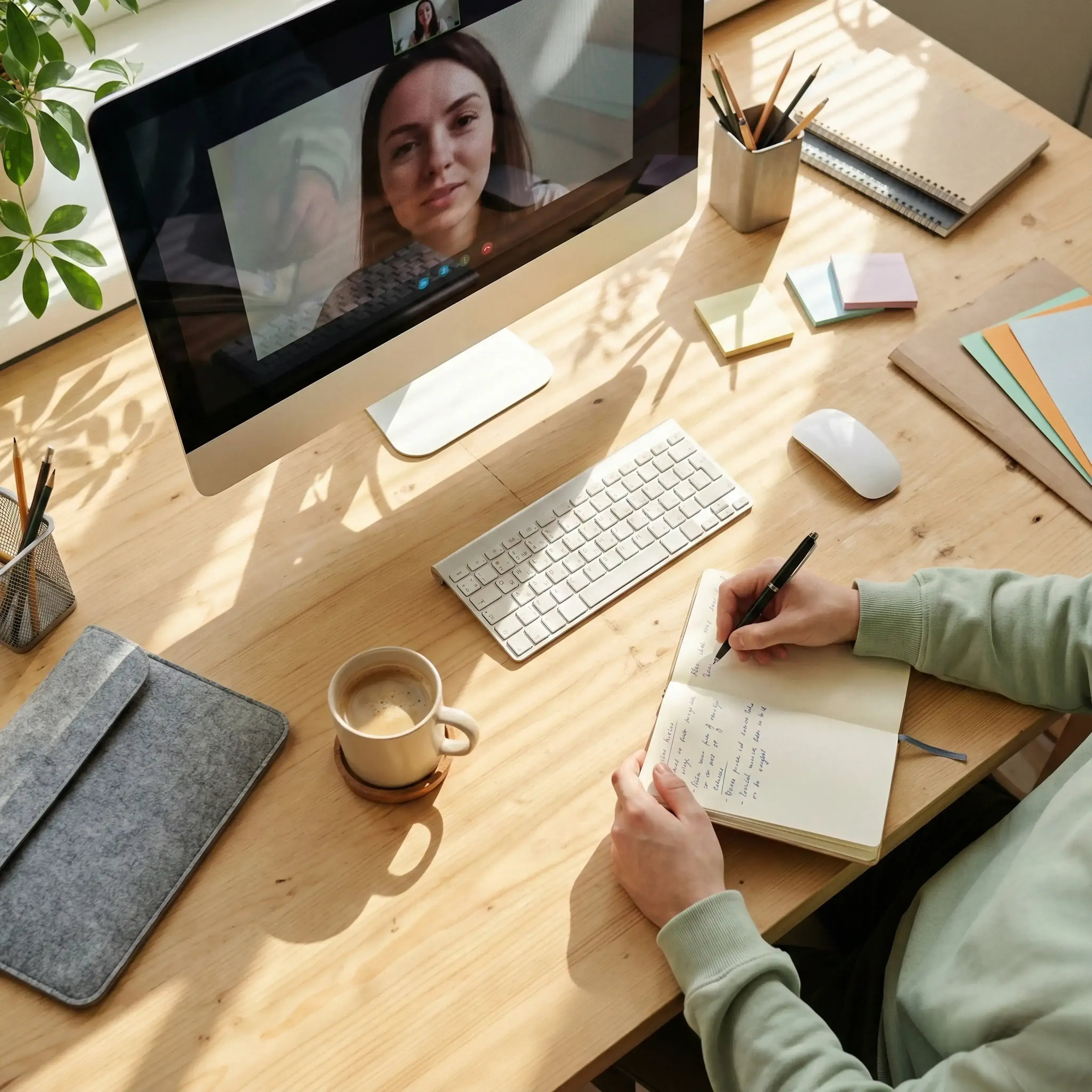 Pessoa fazendo anotações em um caderno durante uma vídeo chamada